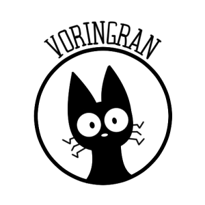 Logo de Voringran Digital: ilustración de un gato negro con rasgos caricaturescos. Está rodeada por un círculo. 