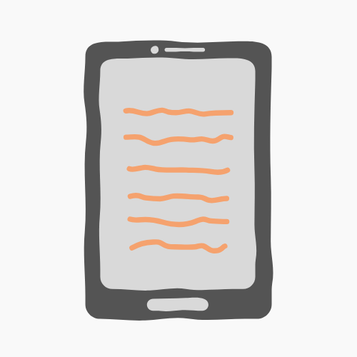 Ilustración de un dispositivo de lectura electrónica. Tiene tonalidades grises y naranjas.