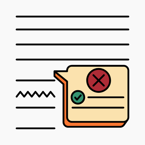 Ilustración que simboliza la corrección. En esta vemos rayas, equivalentes al texto y un bocadillo con una equis y un tic, simulando una corrección en dicho texto.