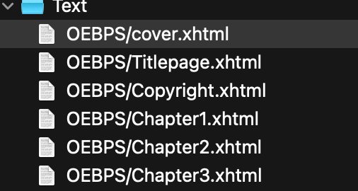 Se trata de una captura de pantalla. En la parte superior vemos el icono de una carpeta, al lado se lee "text". Seguidamente se despliega una lista de los diferentes archivos xhtml con diferentes títulos: portada (cover), anteportada (titlepage), copyright (página de créditos), chapter 1 (capítulo 1), etcétera.