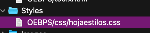 Se trata de una captura de pantalla. En la parte superior vemos el icono de una carpeta, al lado se lee Styles (estilos). Seguidamente se encuentra el archivo en formato CSS. Se trata de la hoja de estilos.