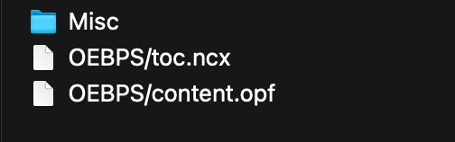 Se trata de una captura de pantalla. En la parte superior vemos el icono de una carpeta, al lado se lee Misc (miscelánea). Seguidamente se despliega una lista, el primer archivo que encontramos es el .ncx, perteneciente a la tabla de contenidos. El segundo es el archivo opf.