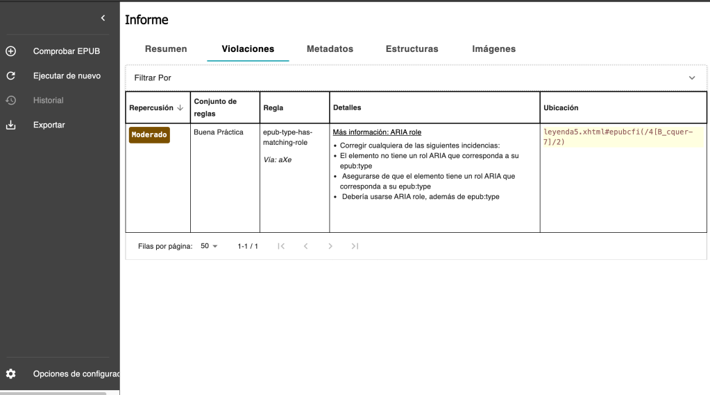 Captura hecha a ACE by Daisy. Se mantiene el menú a la izquierda. Nos encontramos en la pestaña de violaciones, donde se despliega una tabla en la que se explica exactamente en qué posición se encuentra y de qué se trata.