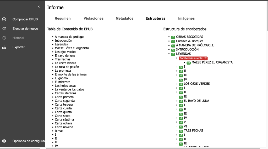 Captura hecha a ACE by Daisy. Se mantiene el menú a la izquierda. Nos encontramos en el apartado de estructuras. Estas se despliegan en dos columnas: a la izquierda aparecen los nombres de los títulos y a la derecha los mismos con su etiqueta correspondiente.