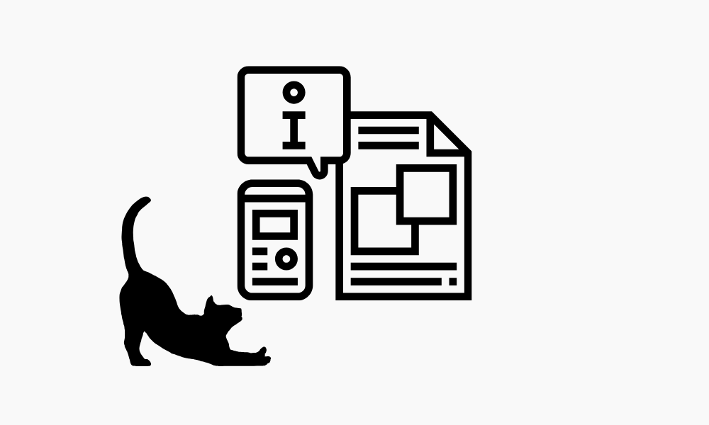 Ilustración de un archivo con el icono de información y un smartphone, simulando la información interna. A su izquierda se encuentra la silueta de un gato estirándose